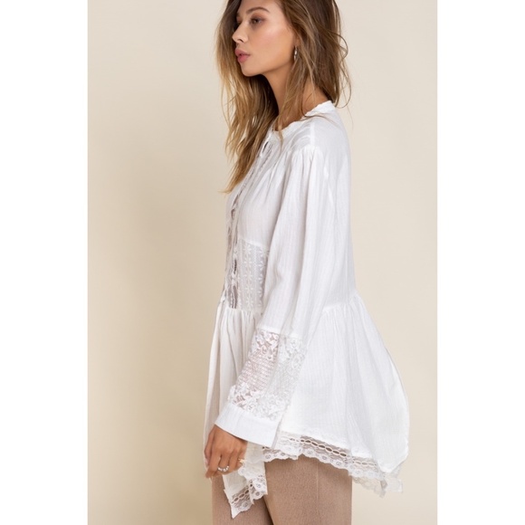POL Off White Cotton & Lace Long Sleeve Unbalanced Hem Button Down Shirt - Picture 8 of 10